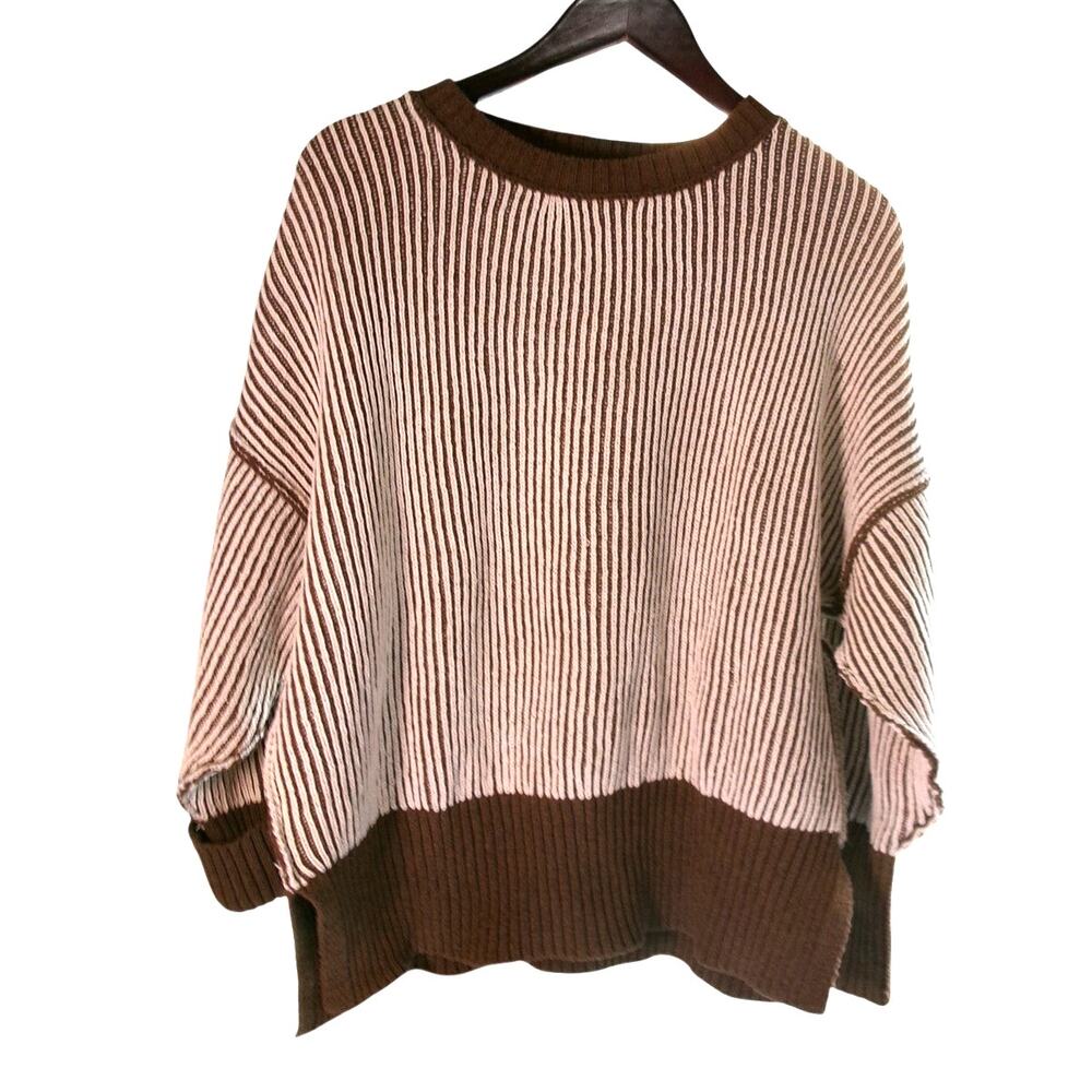 Altar'd State Ribbed Colorblock Knit Sweater Brown Cream Women's Medium